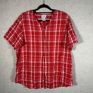 Only Necessities Plaid Top Pink Red White Rustic Vintage Cotton Loose